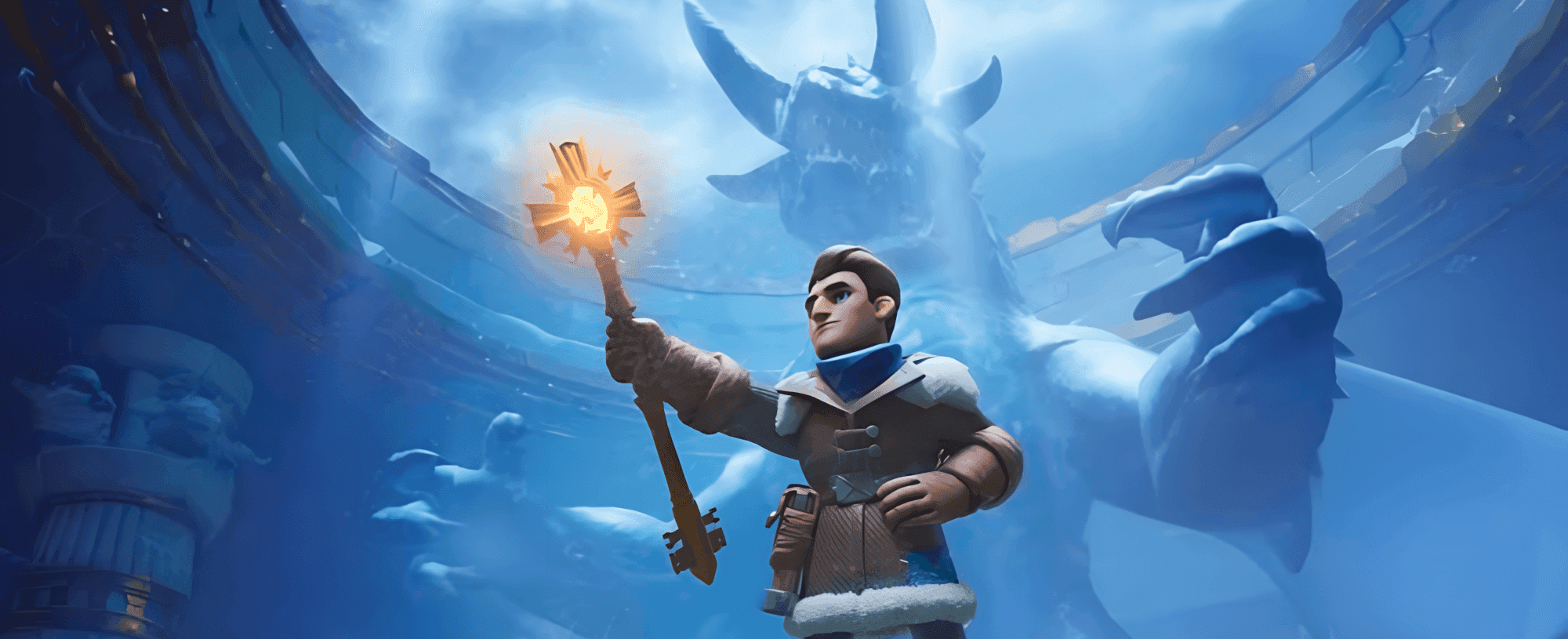 A survivor raises a glowing scepter before the towering Frostdragon Tyrant