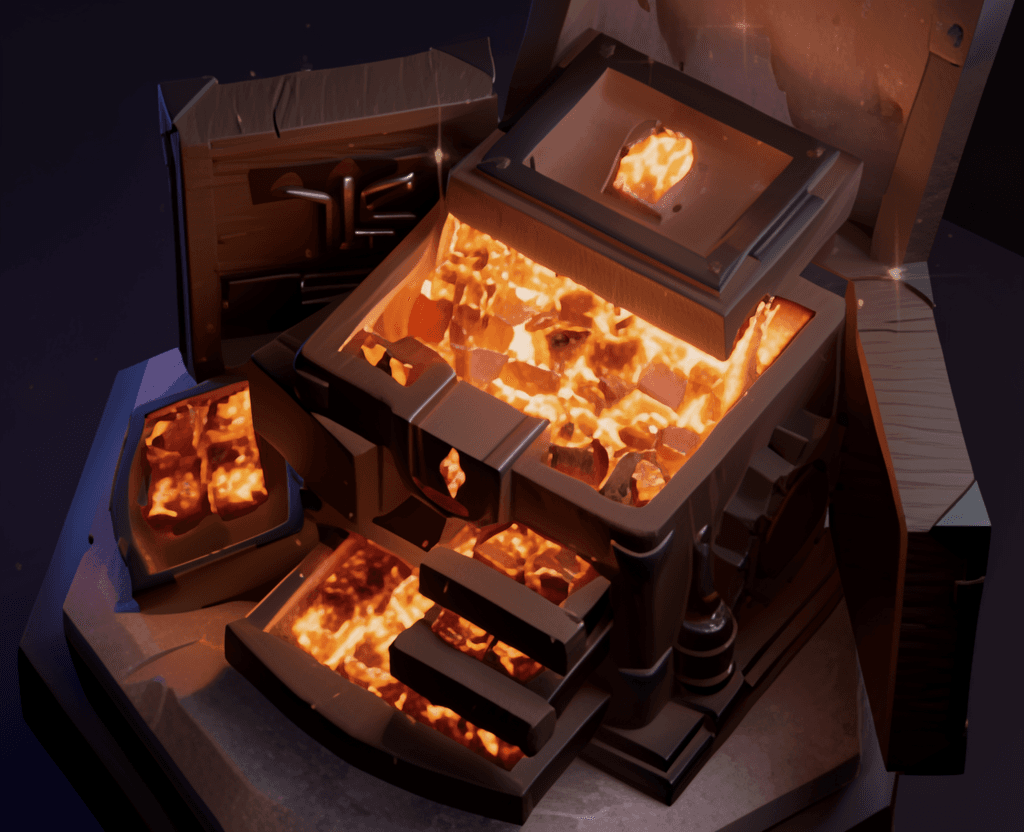 A glowing State #3220 foundry furnace, a shared state asset